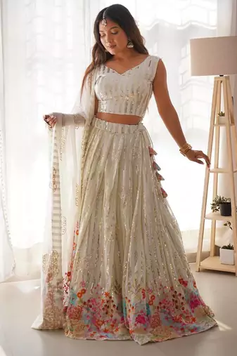 Off-White Lehenga Choli with Thread and sequin Work