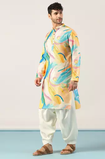 Yellow abstract printed kurta patiala set     traditional indian outfit for celebrations