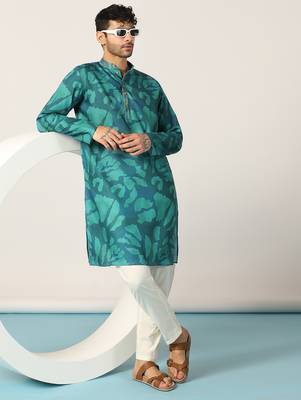 Teal Blue abstract printed kurta pant set     indian festive & wedding wear for men 1