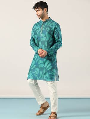 Teal Blue abstract printed kurta pant set     indian festive & wedding wear for men 3
