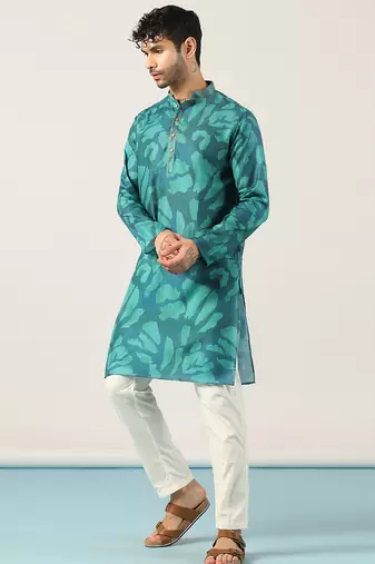 Teal Blue abstract printed kurta pant set     indian festive & wedding wear for men