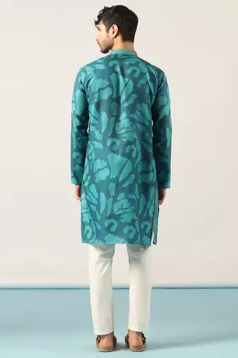 Teal Blue abstract printed kurta pant set     indian festive & wedding wear for men