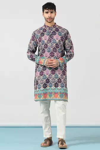 Purple kurta pant set with ethnic motifs print     indian wedding & festival outfit