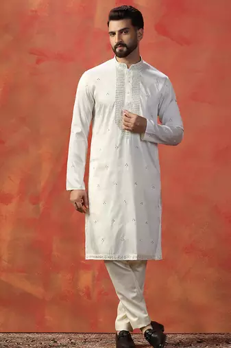 White embroidered kurta pyjama set     elegant indian outfit for ceremonies