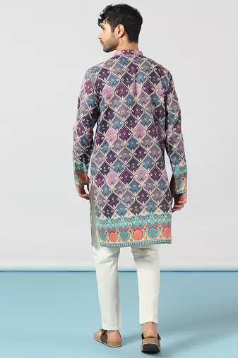 Purple kurta pant set with ethnic motifs print     indian wedding & festival outfit