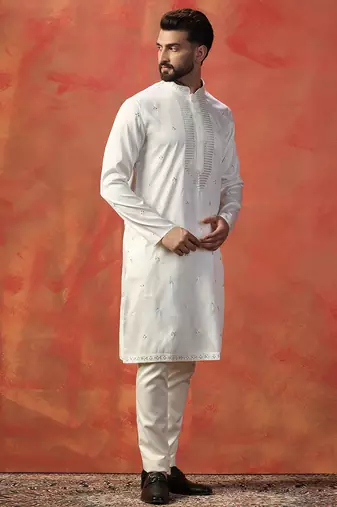 White embroidered kurta pyjama set     elegant indian outfit for ceremonies