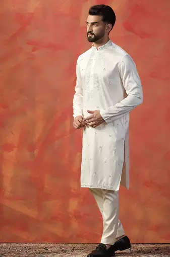 White embroidered kurta pyjama set     elegant indian outfit for ceremonies