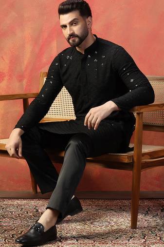 Black sequins kurta pant set – party wear indian ethnic outfit for men