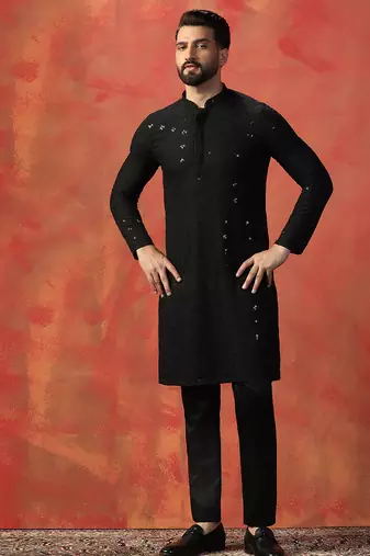 Black sequins kurta pyjama set    party wear indian ethnic outfit for men