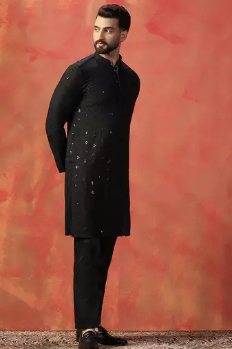 Black sequins kurta pyjama set    party wear indian ethnic outfit for men