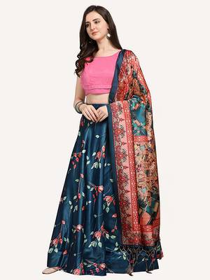 teal digital floral print satin silk lehenga choli with dupatta 7
