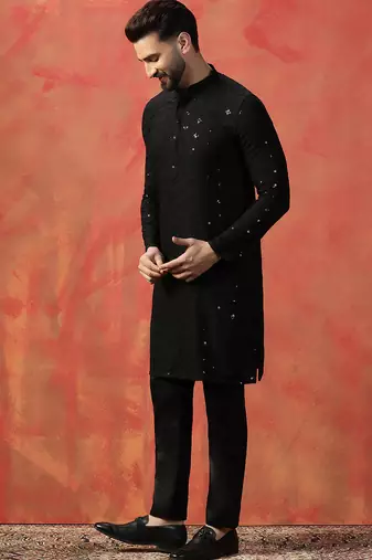 Black sequins kurta pyjama set    party wear indian ethnic outfit for men