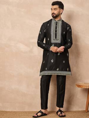 Black embroidered kurta pant set     indian festive wear with elegant detailing 1