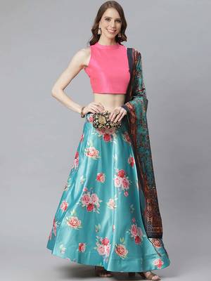 sky blue digital floral print satin silk lehenga choli with dupatta 8
