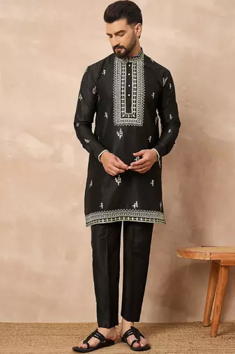 Black embroidered kurta pant set     indian festive wear with elegant detailing