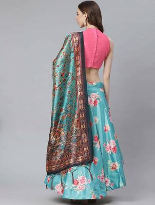 sky blue digital floral print satin silk lehenga choli with dupatta 9