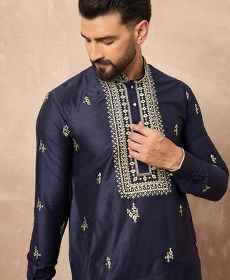 Navy blue embroidered kurta pant set     stylish indian wedding outfit for men 5