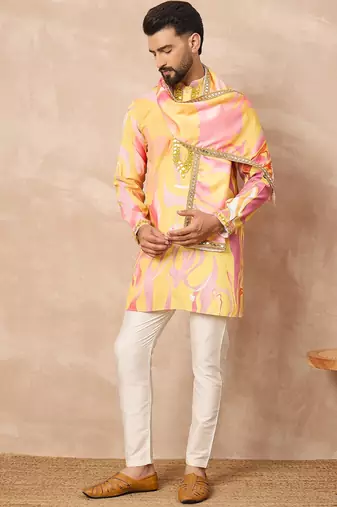 Yellow embroidered kurta pant set     bright indian traditional wear for festivals