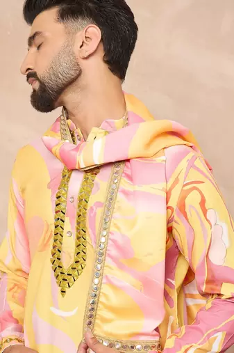 Yellow embroidered kurta pant set     bright indian traditional wear for festivals