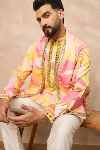 Yellow embroidered kurta pant set     bright indian traditional wear for festivals