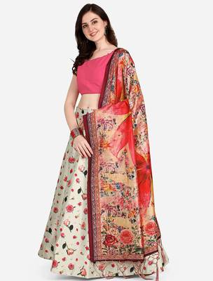 white digital floral print satin silk lehenga choli with dupatta 5