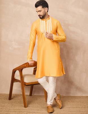 Yellow kurta pant set with bead embellishments     indian festive designer wear 1