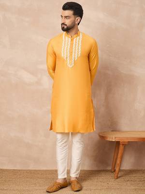 Yellow kurta pant set with bead embellishments     indian festive designer wear 2