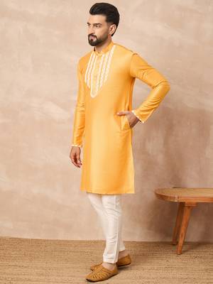 Yellow kurta pant set with bead embellishments     indian festive designer wear 3