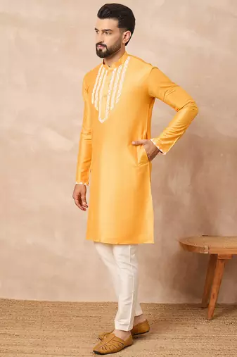 Yellow kurta pant set with bead embellishments     indian festive designer wear