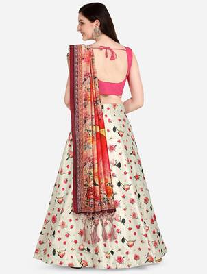 white digital floral print satin silk lehenga choli with dupatta 6