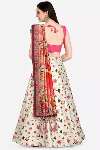 white digital floral print satin silk lehenga choli with dupatta