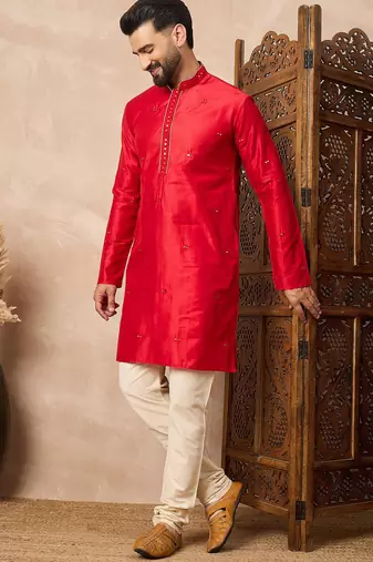Red embroidered kurta pant set     festive indian attire for celebrations