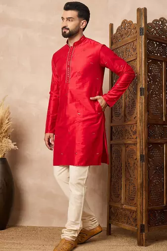 Red embroidered kurta pant set     festive indian attire for celebrations