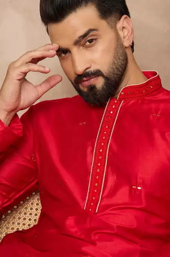Red embroidered kurta pant set     festive indian attire for celebrations
