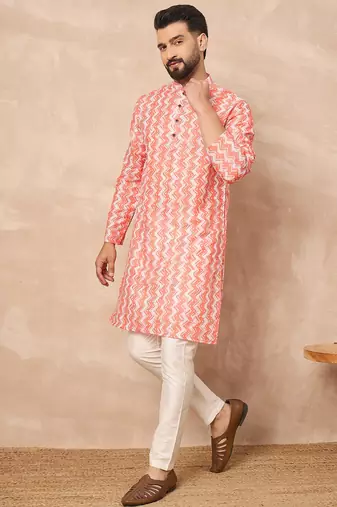Orange zigzag printed kurta pant set     bold indian ethnic wear for men