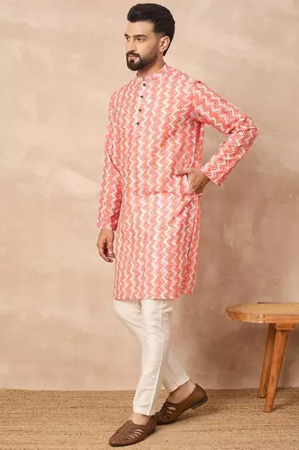 Orange zigzag printed kurta pant set     bold indian ethnic wear for men