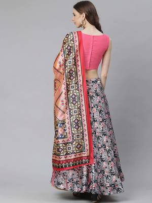 grey digital floral print satin silk lehenga choli with dupatta 8