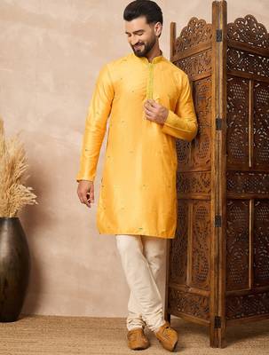 Yellow abstract printed kurta pant set     stylish indian ethnic wear for men 1