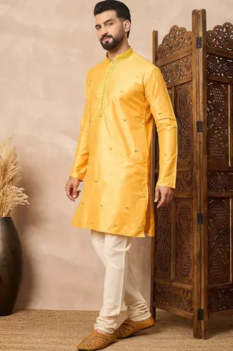 Yellow abstract printed kurta pant set     stylish indian ethnic wear for men
