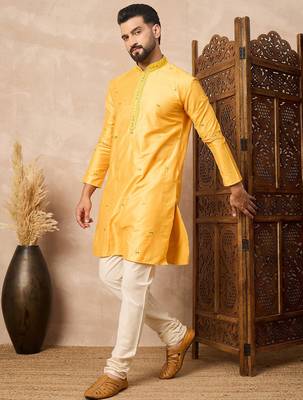 Yellow abstract printed kurta pant set     stylish indian ethnic wear for men 3