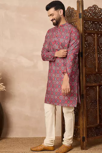 Red abstract printed kurta pant set     indian traditional outfit for festivals