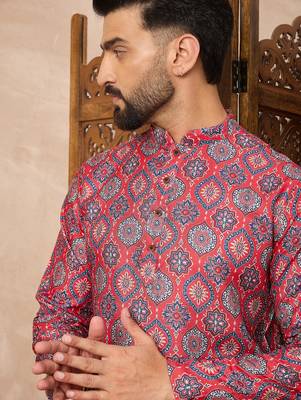 Red abstract printed kurta pant set     indian traditional outfit for festivals 5