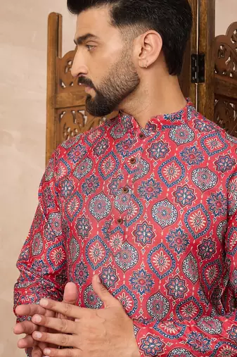 Red abstract printed kurta pant set     indian traditional outfit for festivals