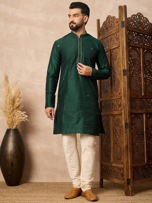 Green embroidered kurta pant set     elegant indian festive wear for men 1