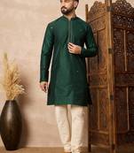 Green embroidered kurta pant set     elegant indian festive wear for men