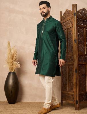 Green embroidered kurta pant set     elegant indian festive wear for men 2