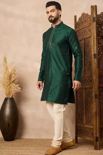 Green embroidered kurta pant set     elegant indian festive wear for men