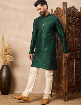 Green embroidered kurta pant set     elegant indian festive wear for men 3