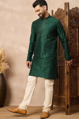 Green embroidered kurta pant set     elegant indian festive wear for men