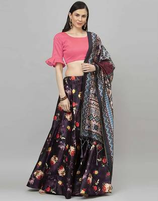violet digital floral print satin silk lehenga choli with dupatta 1